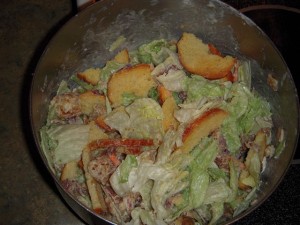 Bagel chips soaking up the dressing